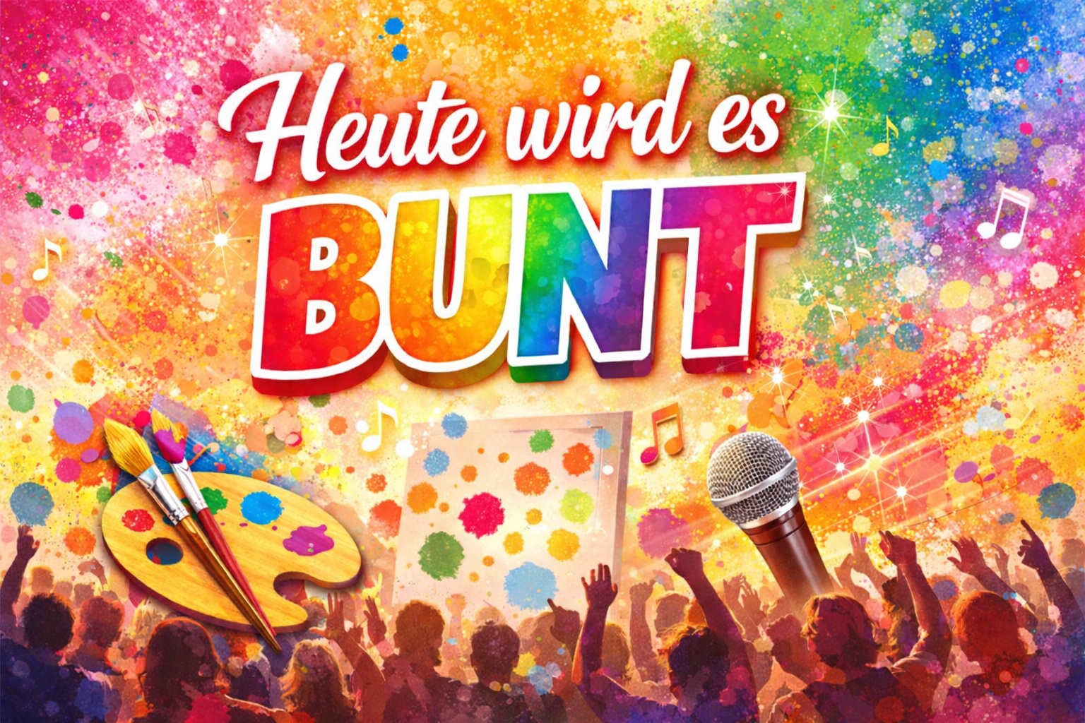 Öffnet die Seite 'Bunter Sonntag in der EFB' Ein buntes Bild mit Farbklecksen, gezeichneten Menschen, Mikrofon, Musiknoten und dem Schriftzug Heute wird es bunt